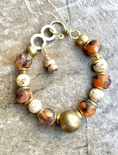 Tribal Boho Bracelet Agate Sandstone Ghana Recycled Glass Ethnic Lost Wax Brass - Image 6