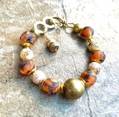 Tribal Boho Bracelet Agate Sandstone Ghana Recycled Glass Ethnic Lost Wax Brass - Image 7