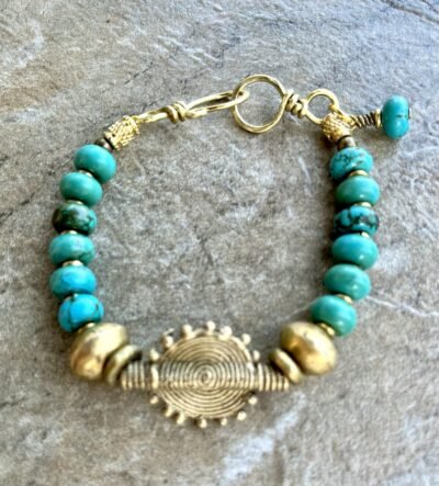 Boho Chic Turquoise Bracelet with African Tribal Handmade Brass Beads - Image 7