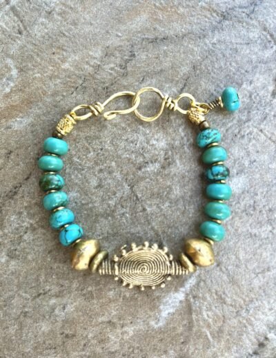 Boho Chic Turquoise Bracelet with African Tribal Handmade Brass Beads - Image 6