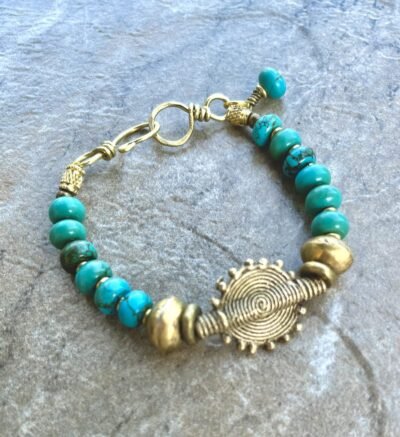 Boho Chic Turquoise Bracelet with African Tribal Handmade Brass Beads - Image 5