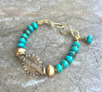 Boho Chic Turquoise Bracelet with African Tribal Handmade Brass Beads