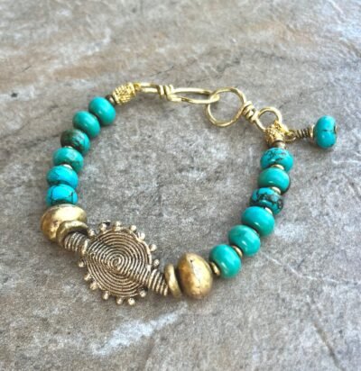 Boho Chic Turquoise Bracelet with African Tribal Handmade Brass Beads - Image 4