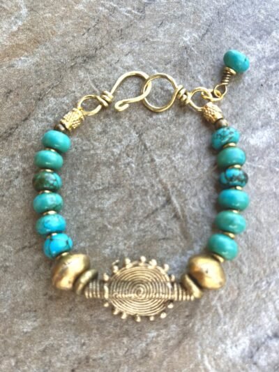 Boho Chic Turquoise Bracelet with African Tribal Handmade Brass Beads - Image 3