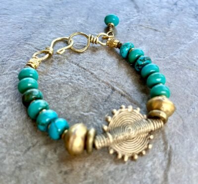 Boho Chic Turquoise Bracelet with African Tribal Handmade Brass Beads - Image 2