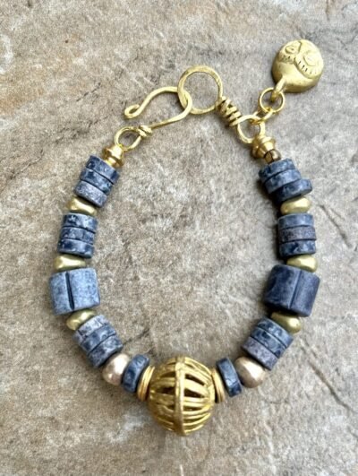 Boho Chic Bracelet Greek Handmade Ceramic Tribal African Brass Ghana Ethnic Mask - Image 2