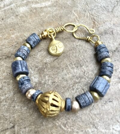 Boho Chic Bracelet Greek Handmade Ceramic Tribal African Brass Ghana Ethnic Mask