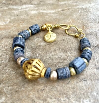 Boho Chic Bracelet Greek Handmade Ceramic Tribal African Brass Ghana Ethnic Mask - Image 5