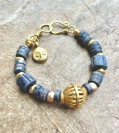 Boho Chic Bracelet Greek Handmade Ceramic Tribal African Brass Ghana Ethnic Mask - Image 7