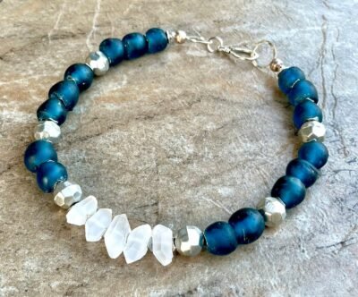 Boho-Chic Necklace Teal Blue Ghanaian Glass and Crystal Quartz