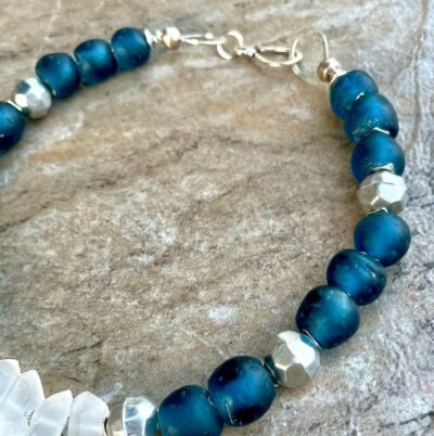 Boho-Chic Necklace Teal Blue Ghanaian Glass and Crystal Quartz - Image 4