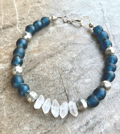 Boho-Chic Necklace Teal Blue Ghanaian Glass and Crystal Quartz - Image 6