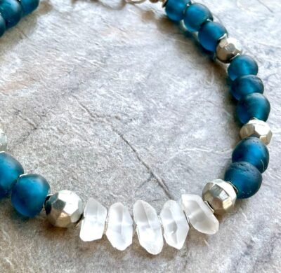 Boho-Chic Necklace Teal Blue Ghanaian Glass and Crystal Quartz - Image 7