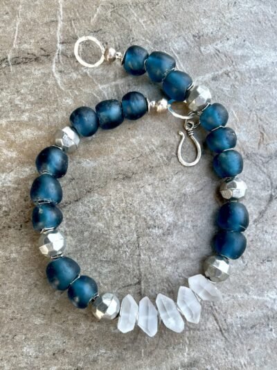 Boho-Chic Necklace Teal Blue Ghanaian Glass and Crystal Quartz - Image 8