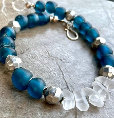 Boho-Chic Necklace Teal Blue Ghanaian Glass and Crystal Quartz - Image 9