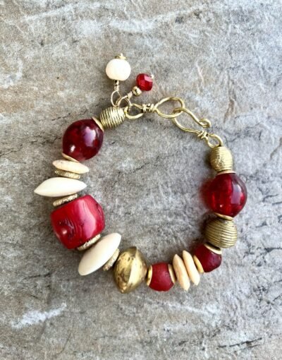 Boho Chic Bracelet Red Coral, African Tribal Brass, Red Resin Beads - Image 6