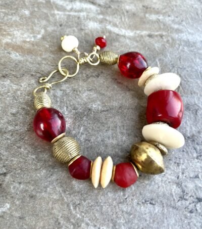 Boho Chic Bracelet Red Coral, African Tribal Brass, Red Resin Beads