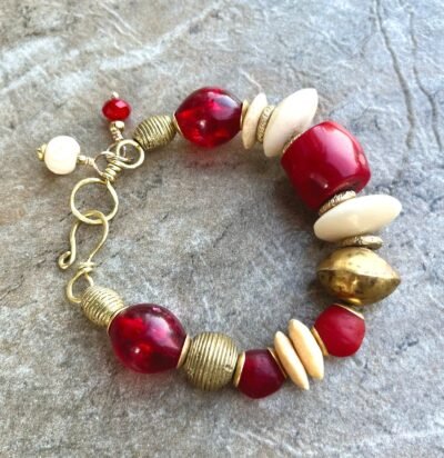 Boho Chic Bracelet Red Coral, African Tribal Brass, Red Resin Beads - Image 4