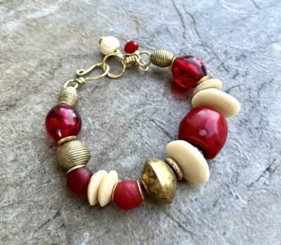 Boho Chic Bracelet Red Coral, African Tribal Brass, Red Resin Beads - Image 3