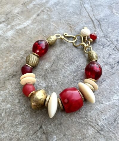 Boho Chic Bracelet Red Coral, African Tribal Brass, Red Resin Beads - Image 2