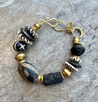 Boho Chic Bracelet Black Lava Rock African Tribal Brass and Batik Bone Beads