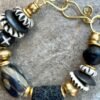 Boho Chic Bracelet Black Lava Rock African Tribal Brass and Batik Bone Beads - Image 2