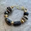 Boho Chic Bracelet Black Lava Rock African Tribal Brass and Batik Bone Beads - Image 3