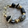 Boho Chic Bracelet Black Lava Rock African Tribal Brass and Batik Bone Beads - Image 4