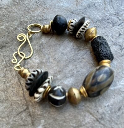 Boho Chic Bracelet Black Lava Rock African Tribal Brass and Batik Bone Beads - Image 4