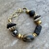 Boho Chic Bracelet Black Lava Rock African Tribal Brass and Batik Bone Beads - Image 5