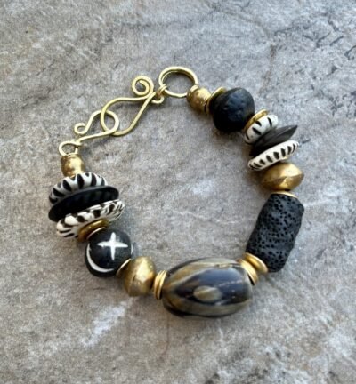 Boho Chic Bracelet Black Lava Rock African Tribal Brass and Batik Bone Beads - Image 5