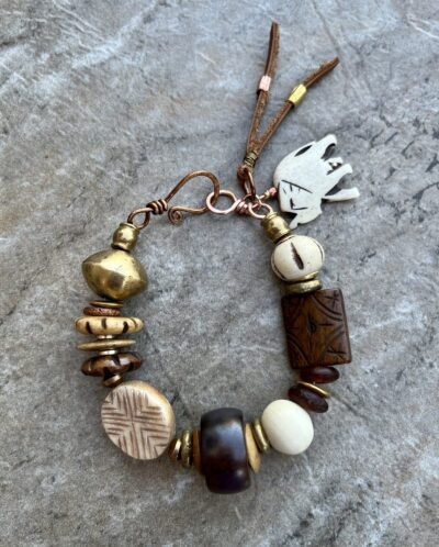 Tribal Bohemian Bracelet Water Buffalo Bone and African Ethnic Brass - Image 2