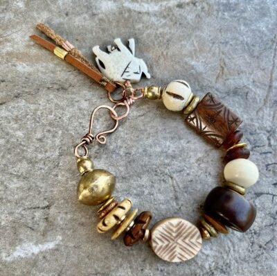 Tribal Bohemian Bracelet Water Buffalo Bone and African Ethnic Brass