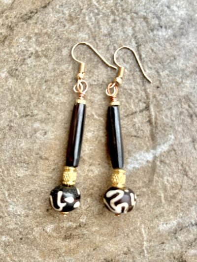 Tribal Boho Earrings African Batik Bone and Brass Beads - Image 2