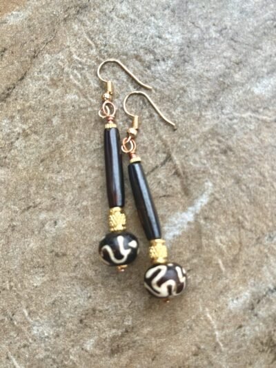 Tribal Boho Earrings African Batik Bone and Brass Beads