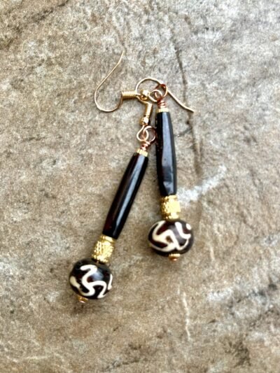 Tribal Boho Earrings African Batik Bone and Brass Beads - Image 4