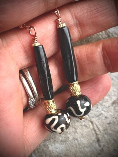 Tribal Boho Earrings African Batik Bone and Brass Beads - Image 5