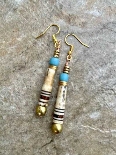 Tribal Boho Earrings African Trade Bone, Glass and Lost Wax Brass Beads - Image 3