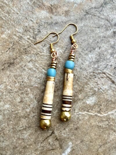 Tribal Boho Earrings African Trade Bone, Glass and Lost Wax Brass Beads - Image 4