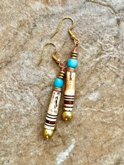 Tribal Boho Earrings African Trade Bone, Glass and Lost Wax Brass Beads