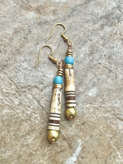 Tribal Boho Earrings African Trade Bone, Glass and Lost Wax Brass Beads - Image 2