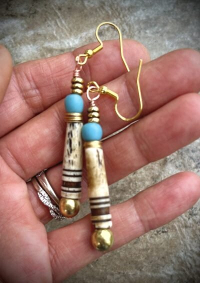 Tribal Boho Earrings African Trade Bone, Glass and Lost Wax Brass Beads - Image 6