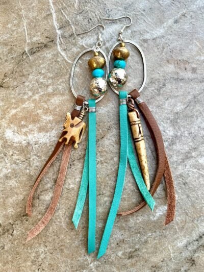 Large Tribal Boho Earrings Leather, African Trade Bone, Turquoise Gemstone