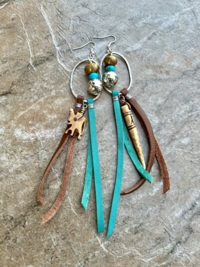 Large Tribal Boho Earrings Leather, African Trade Bone, Turquoise Gemstone - Image 3