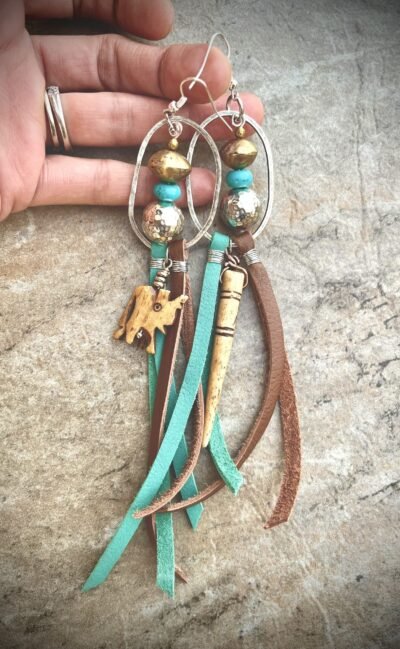 Large Tribal Boho Earrings Leather, African Trade Bone, Turquoise Gemstone - Image 4