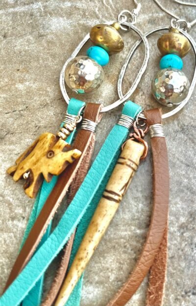 Large Tribal Boho Earrings Leather, African Trade Bone, Turquoise Gemstone - Image 5