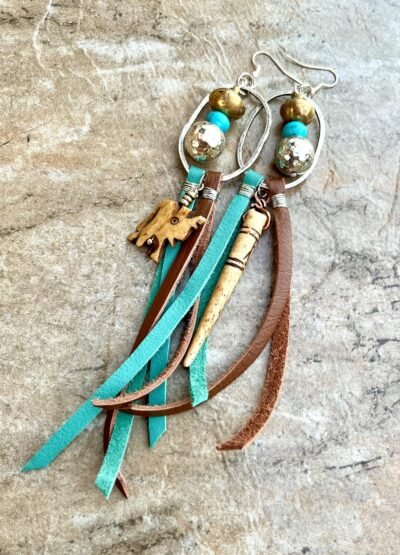 Large Tribal Boho Earrings Leather, African Trade Bone, Turquoise Gemstone - Image 6