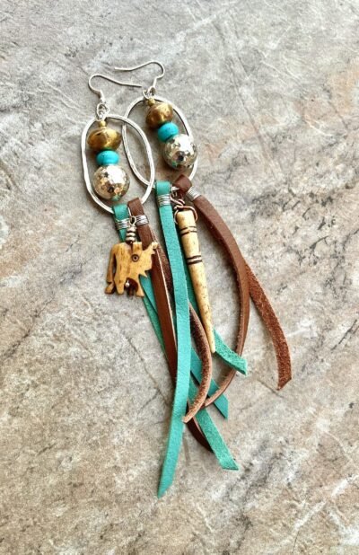 Large Tribal Boho Earrings Leather, African Trade Bone, Turquoise Gemstone - Image 7