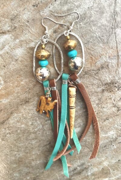 Large Tribal Boho Earrings Leather, African Trade Bone, Turquoise Gemstone - Image 8