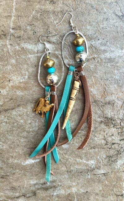 Large Tribal Boho Earrings Leather, African Trade Bone, Turquoise Gemstone - Image 9